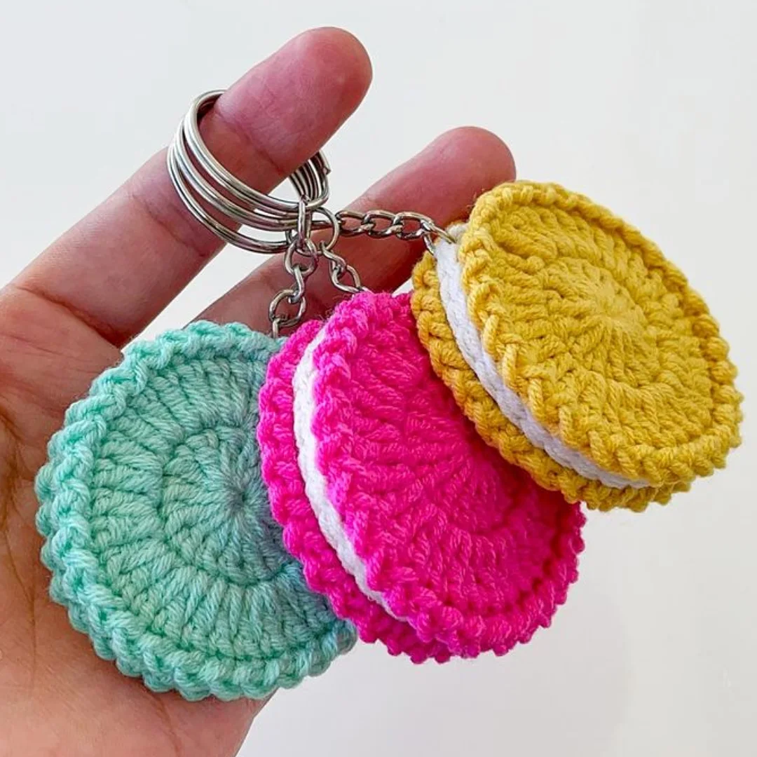 Macaron Trio Keychain — handmade crochet keychain from @crochet_keychains.pk