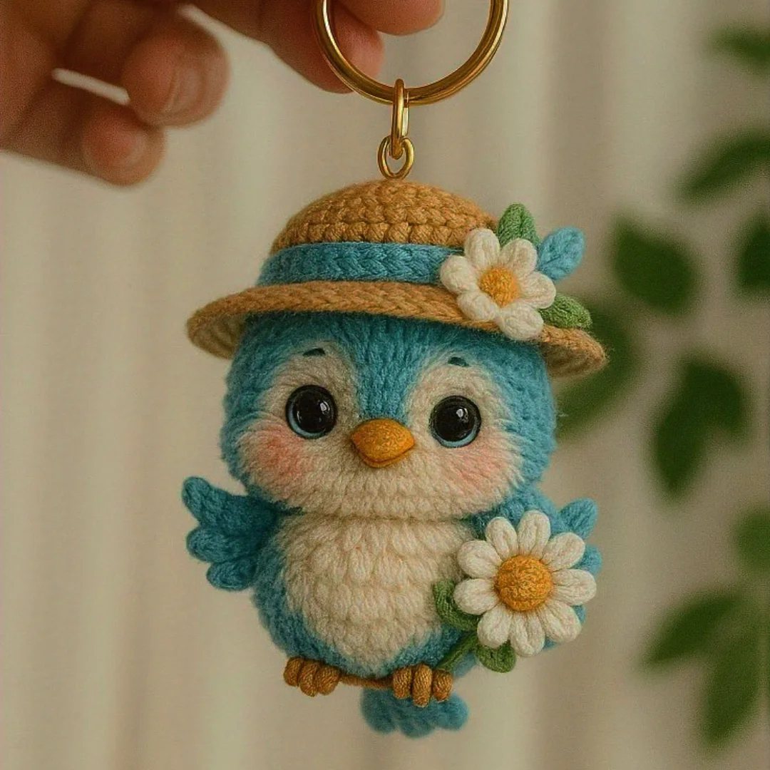 Bluebird & Daisy Keychain — handmade crochet keychain from @crochet_keychains.pk