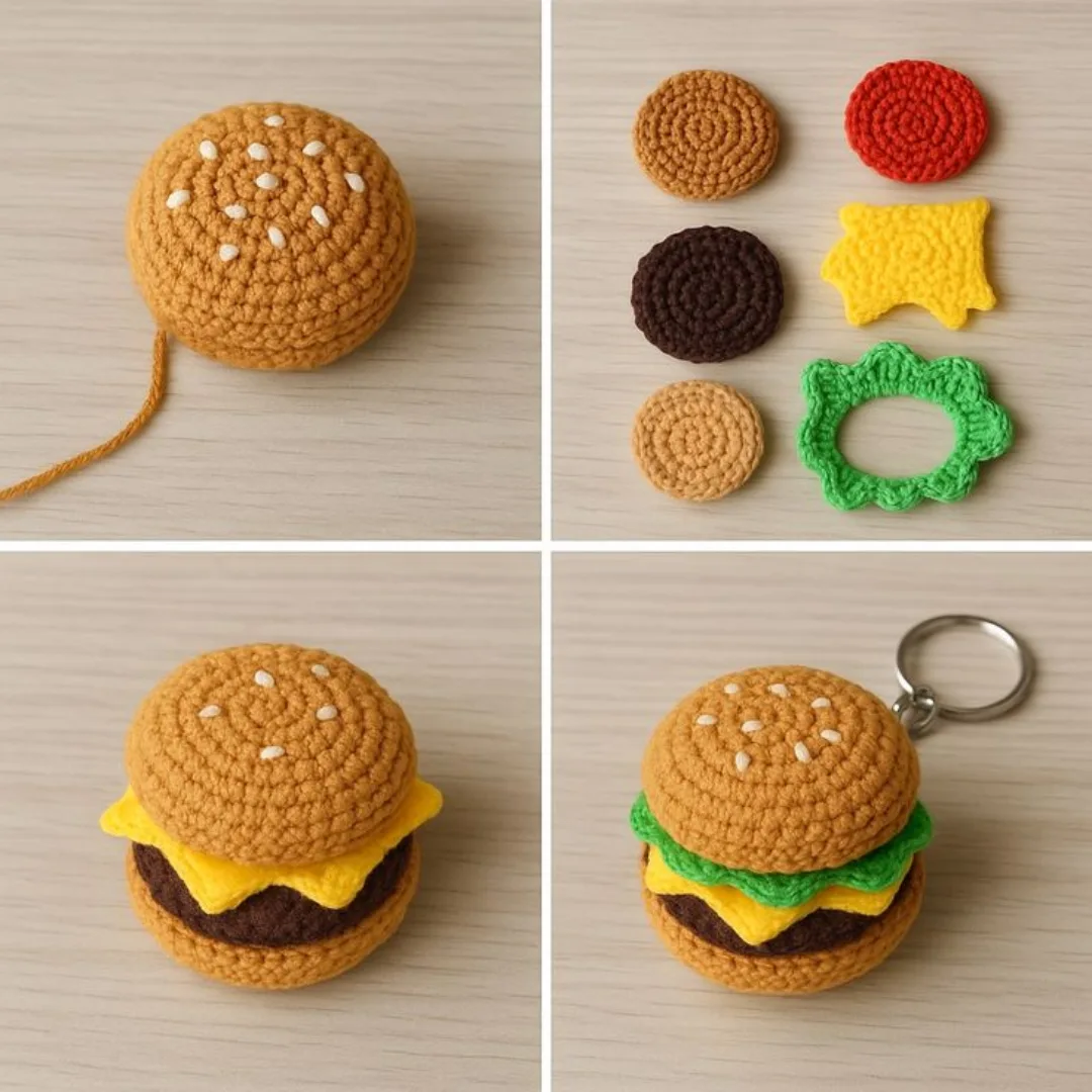 Cheeseburger Keychain — handmade crochet keychain from @crochet_keychains.pk