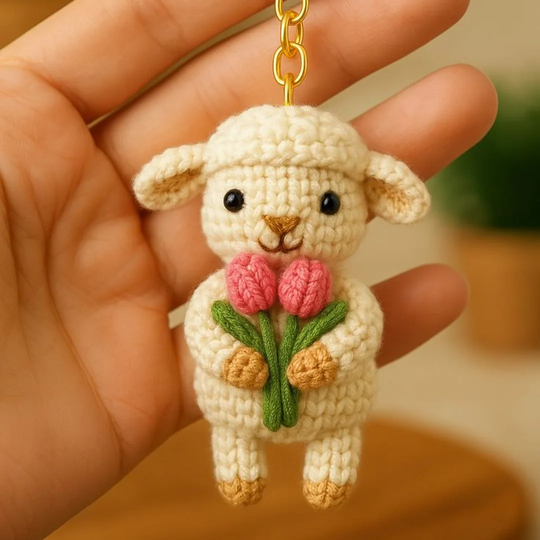Sheep & Tulip Charm — handmade crochet keychain from @crochet_keychains.pk