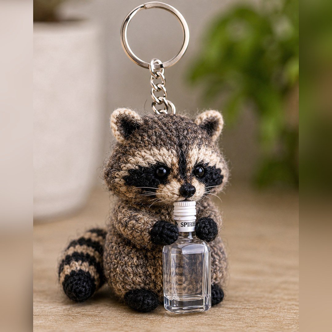 Raccoon & Bottle Keychain — handmade crochet keychain from @crochet_keychains.pk