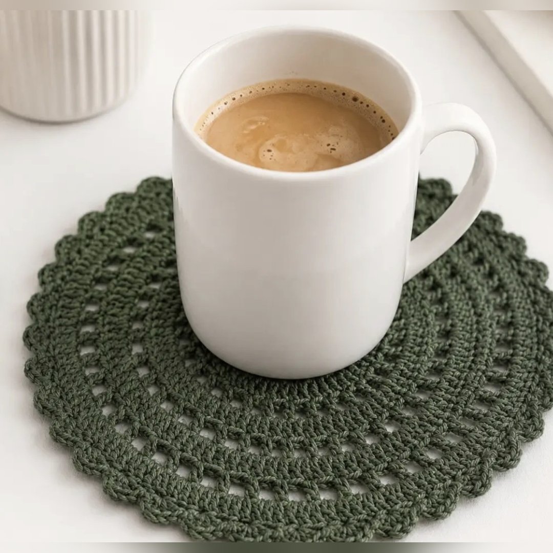 Sage Green Doily Coaster — handmade round crochet coaster from @crochet_keychains.pk